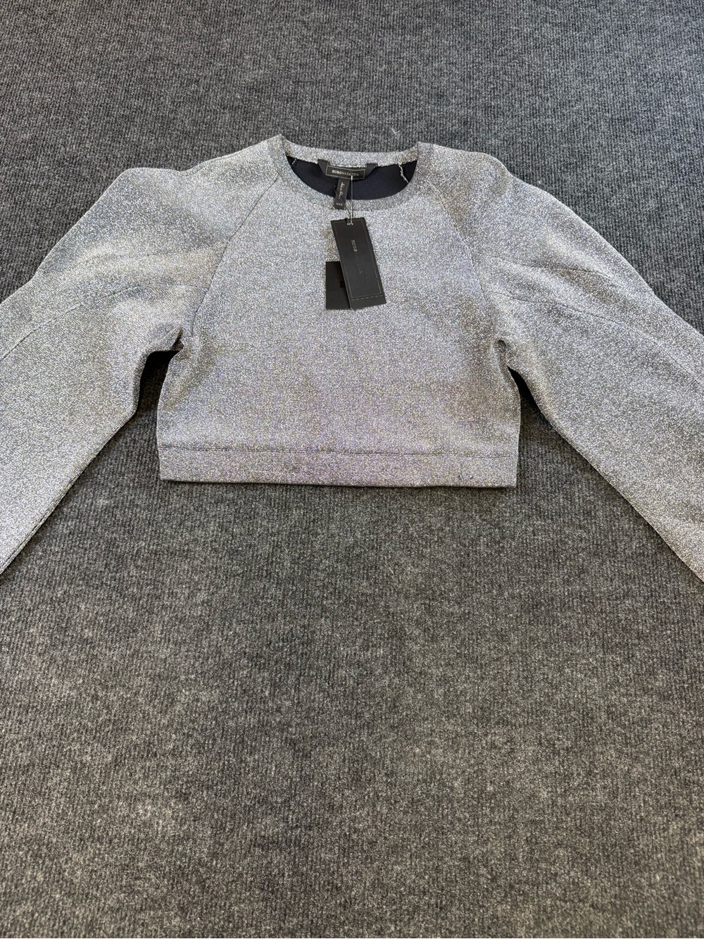 BCBGMaxAzria Silver Metallic Cropped Crew Sweater
